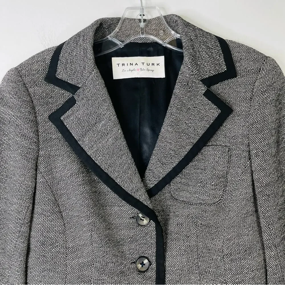 Trina Turk black white silk wool button preppy academia office blazer medium - Picture 2 of 8